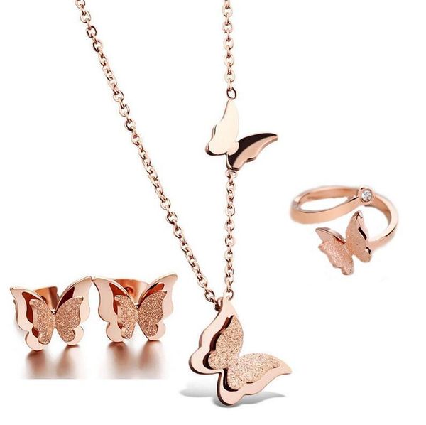 earrings & necklace 316l stainless steel rose gold color frosted butterfly charms jewelry set +stud earrings+adjustable ring, Silver
earrings & necklace 316l stainless steel rose gold color frosted butterfly charms jewelry set +stud earrings+adjustable ring, Silver