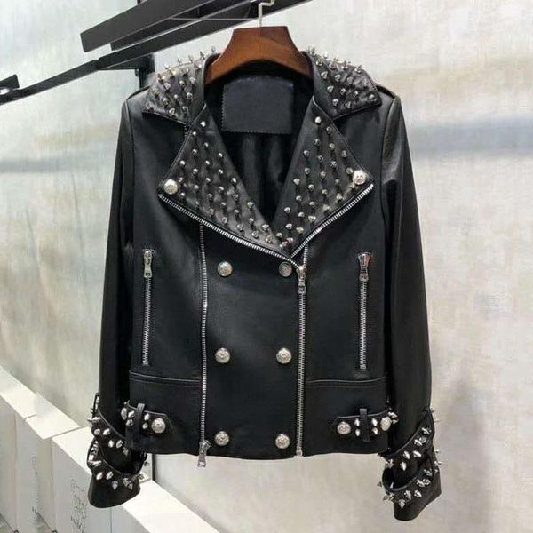 women's leather & faux shzq genuine jacket women spring chaqueta mujer biker korean clothes with rivet cazadora vaquera muj, Black
women's leather & faux shzq genuine jacket women spring chaqueta mujer biker korean clothes with rivet cazadora vaquera muj, Black