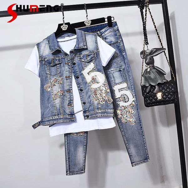 women's two piece pants 2021 spring summer european women denim suit digital sequined gilding vest fashionable two-piece outfit, White
women's two piece pants 2021 spring summer european women denim suit digital sequined gilding vest fashionable two-piece outfit, White