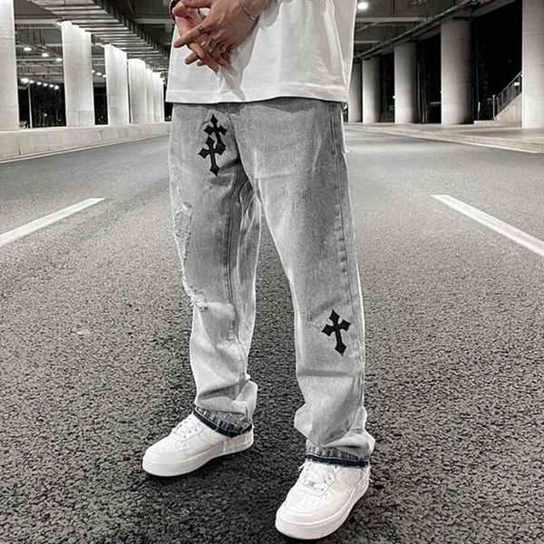 men's jeans ripped rereo hole cross embroidery casual denim trousers mens high street washed straight oversize pants ua01, Blue
men's jeans ripped rereo hole cross embroidery casual denim trousers mens high street washed straight oversize pants ua01, Blue