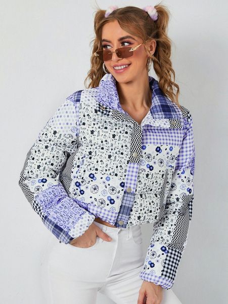 patchwork print crop puffer coat q0ga#, Black