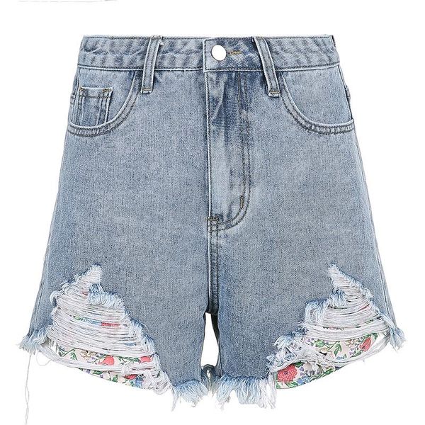women's jeans summer slim high waist hole floral zipper denim shorts, Blue