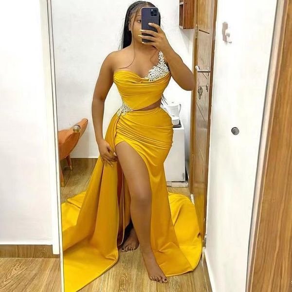 party dresses satin yellow mermaid prom cutaway sides beads appliques pleats side split evening dress stain aso ebi gowns, White;black
party dresses satin yellow mermaid prom cutaway sides beads appliques pleats side split evening dress stain aso ebi gowns, White;black