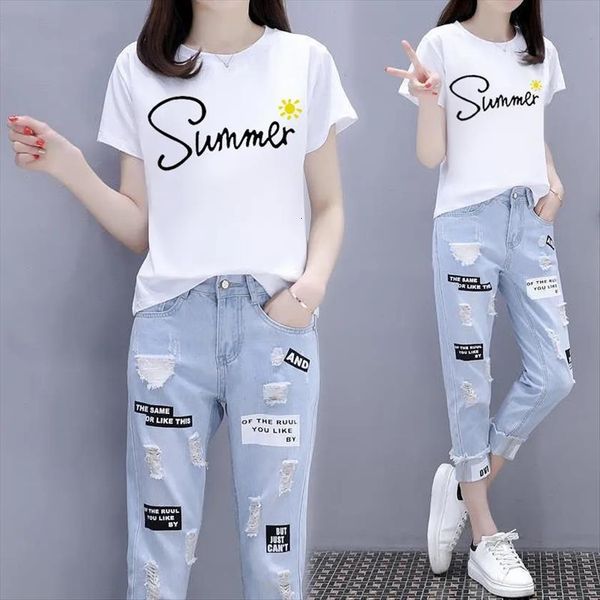single piece set summer women jean short sleeved t shirt ripped nine point jeans two female student cowboy pants426, Blue
single piece set summer women jean short sleeved t shirt ripped nine point jeans two female student cowboy pants426, Blue
