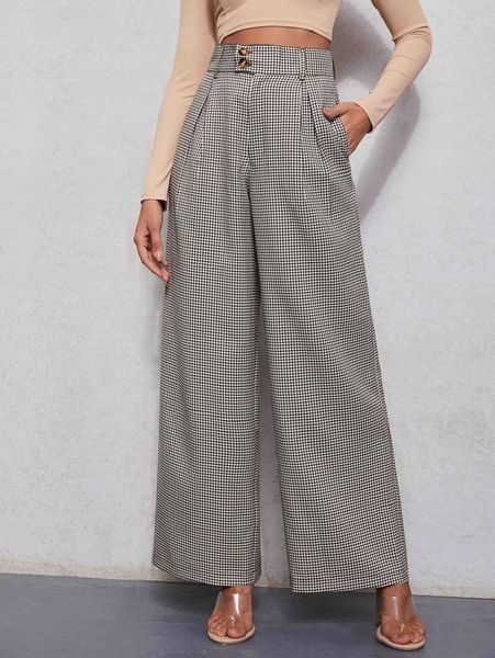 high waist gingham wide leg pants i8m2#, Black;white