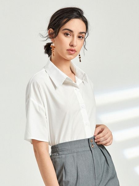 solid button up blouse u99o#, White