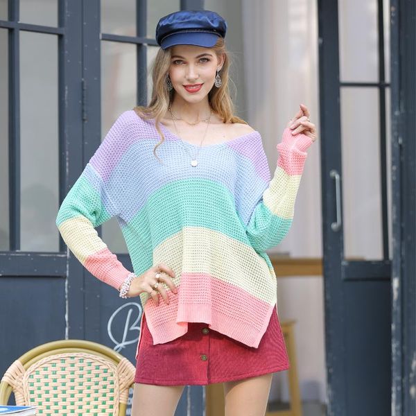 women's sweaters fashion rainbow color sweater for women loose long sleeve knitted pullover v-neck colorful striped female autumn, White;black
women's sweaters fashion rainbow color sweater for women loose long sleeve knitted pullover v-neck colorful striped female autumn, White;black
