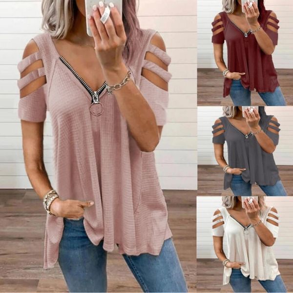 2021 new popular off shoulder short sleeve v-neck zipper solid color t-shirt female, White
2021 new popular off shoulder short sleeve v-neck zipper solid color t-shirt female, White