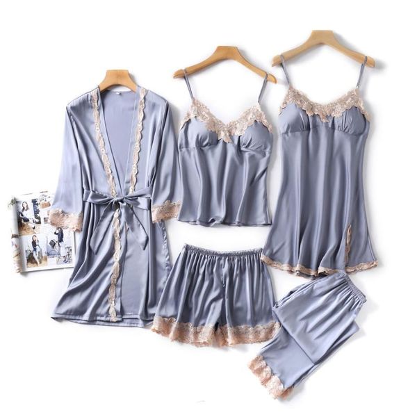 women's sleepwear women satin pajamas set lace trim robe suit spring summer 5pcs female pijamas silky sleep home clothing, Black;red
women's sleepwear women satin pajamas set lace trim robe suit spring summer 5pcs female pijamas silky sleep home clothing, Black;red