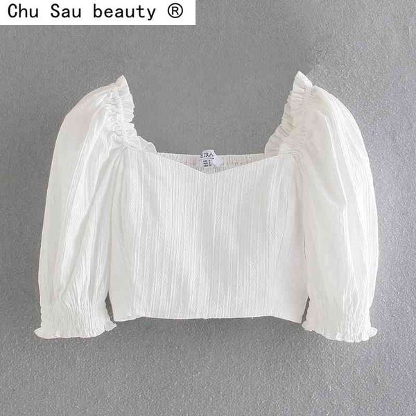 summer chic square collar elastic slim-fit crop shirt white blouse french vintage style puff sleeve short women 210514
summer chic square collar elastic slim-fit crop shirt white blouse french vintage style puff sleeve short women 210514