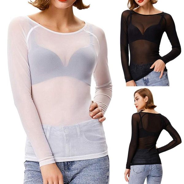 women's t-shirt fashion slim solid color sheer tulle mesh long sleeve streetwear oversized loose clothing women, White
women's t-shirt fashion slim solid color sheer tulle mesh long sleeve streetwear oversized loose clothing women, White