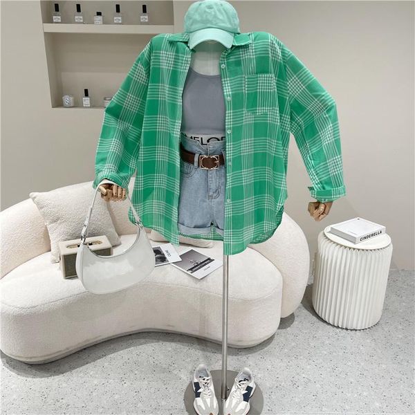 women's blouses & shirts clothing spring summer 2021 small fresh loose lapel mint green plaid shirt versatile long sleeve sunscreen, White
women's blouses & shirts clothing spring summer 2021 small fresh loose lapel mint green plaid shirt versatile long sleeve sunscreen, White