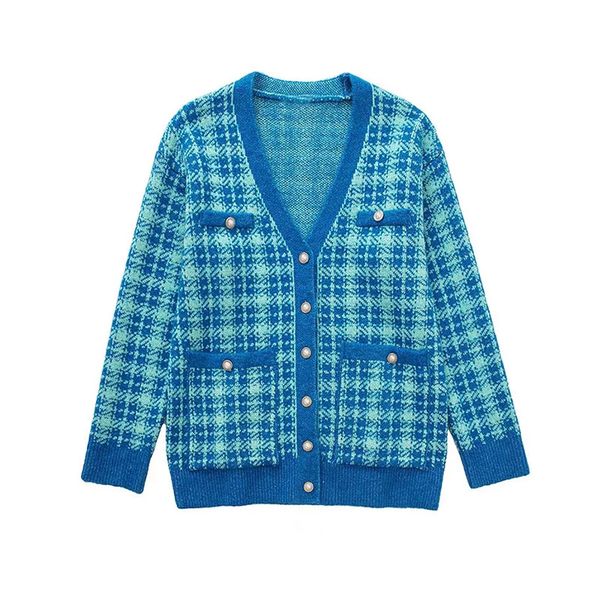 woman 2022 casual jacket spring blue green plaid patchwork knit cardigan women v neck loose sweaters female 202201, White;black
woman 2022 casual jacket spring blue green plaid patchwork knit cardigan women v neck loose sweaters female 202201, White;black