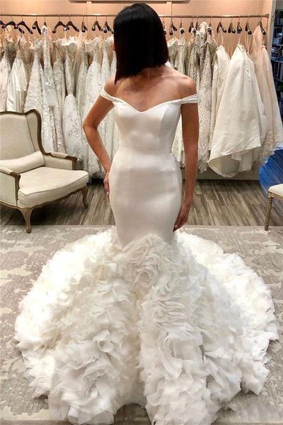off the shoulder mermaid wedding dresses bridal gowns with ruffles court train backless satin plus size vestidos de noiva, White
off the shoulder mermaid wedding dresses bridal gowns with ruffles court train backless satin plus size vestidos de noiva, White