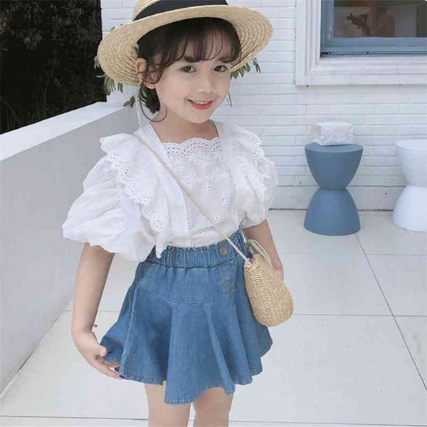 summer girls clothes sets baby lace jacket t-shirt + denim skirt 2pcs suits outfits toddler kids children's clothing 210625, White 
summer girls clothes sets baby lace jacket t-shirt + denim skirt 2pcs suits outfits toddler kids children's clothing 210625, White