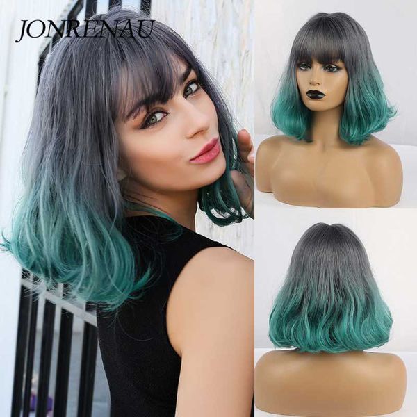 synthetic wigs jonrenau short wave ombre dark green wig with bangs for women medium length lolita cosplay hair bob, Black