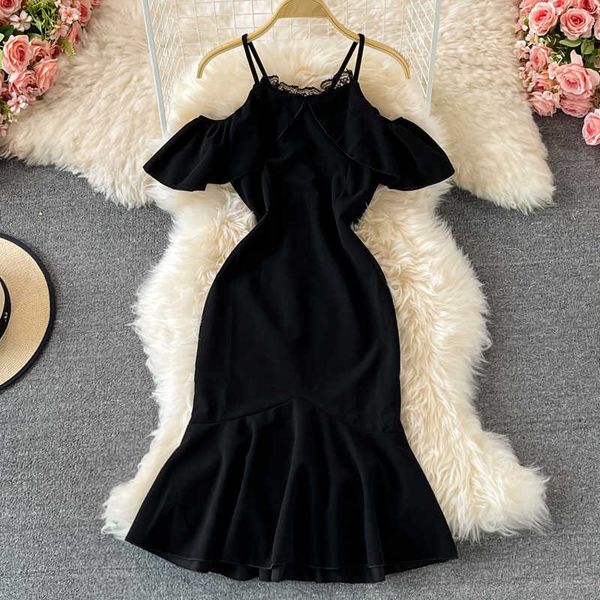 black spaghetti strap dress women off shoulder short sleeve high waist bodycon mermaid vestidos female elegant robe 2021 y0603, Black;gray
black spaghetti strap dress women off shoulder short sleeve high waist bodycon mermaid vestidos female elegant robe 2021 y0603, Black;gray