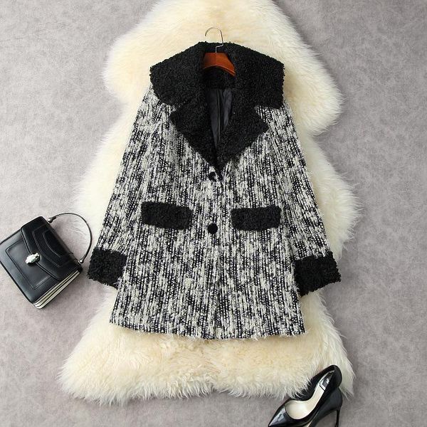 women's wool & blends european and american clothing winter 2022 long sleeve lambskin suit collar fashion gold tweed coat, Black
women's wool & blends european and american clothing winter 2022 long sleeve lambskin suit collar fashion gold tweed coat, Black