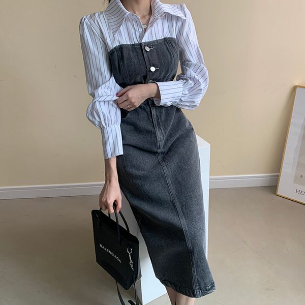 woman shirt dress denim fake two long sleeve clothing patchwork dresses elegant fashion casual korean turn-down collar, Black;gray
woman shirt dress denim fake two long sleeve clothing patchwork dresses elegant fashion casual korean turn-down collar, Black;gray