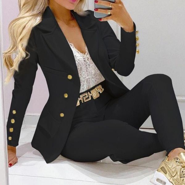 women's two piece pants 2021 autumn solid blazer sets women elegant double breasted slim high waist 2, White
women's two piece pants 2021 autumn solid blazer sets women elegant double breasted slim high waist 2, White