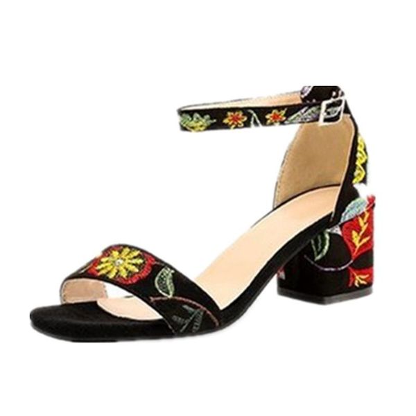 sandals 2021 summer fashion large size women's shoes ethnic embroidery flowers chunky heels, Black