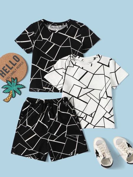 toddler boys geo print tee & drawstring waist shorts set she, White