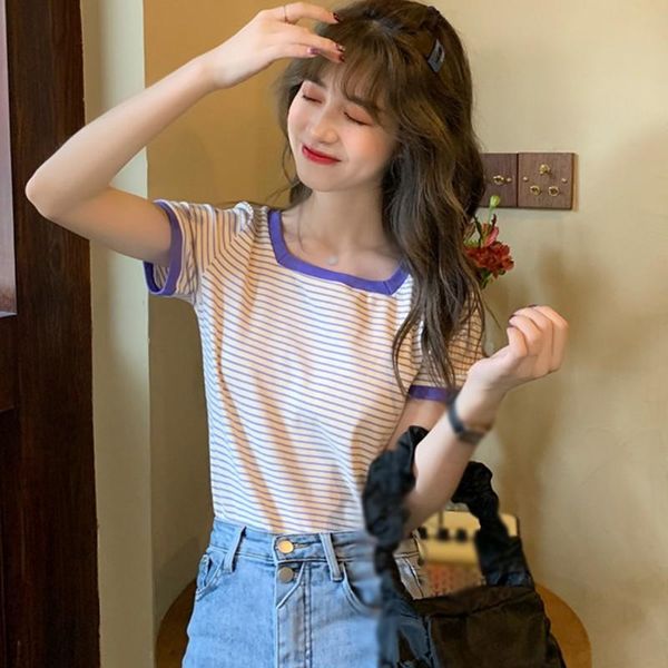 women's t-shirt 2021 fashion female short sleeve t-shirts casual striped summer tee shirt women square collar knitted top, White
women's t-shirt 2021 fashion female short sleeve t-shirts casual striped summer tee shirt women square collar knitted top, White