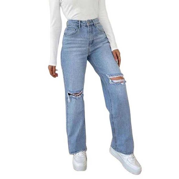 women's jeans loose street washing hole high waist non-elastic micro straight denim trousers, Blue
women's jeans loose street washing hole high waist non-elastic micro straight denim trousers, Blue