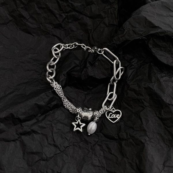 link, chain ins niche design star love pendant vintage bracelet female cold wind temperament pearl hip hop hand jewelry, Black
link, chain ins niche design star love pendant vintage bracelet female cold wind temperament pearl hip hop hand jewelry, Black