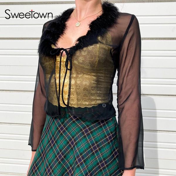 women's t-shirt sweetown feather v neck goth mesh t-shirts women lace up y2k cardigan crop see through e girl tee black rave street, White
women's t-shirt sweetown feather v neck goth mesh t-shirts women lace up y2k cardigan crop see through e girl tee black rave street, White