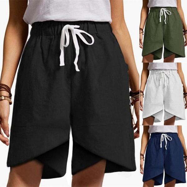 women's shorts solid color women summer drawstring waist loose wide leg for irregular hem knee-length femme, White;black
women's shorts solid color women summer drawstring waist loose wide leg for irregular hem knee-length femme, White;black