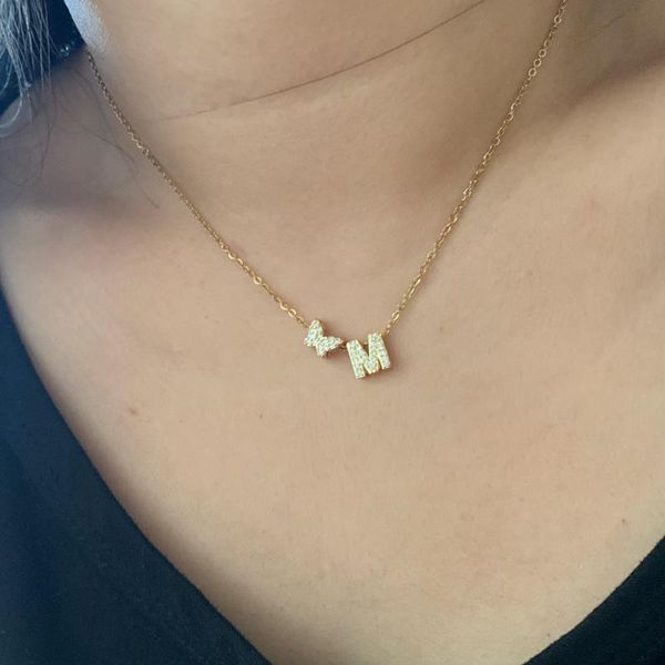 pendant necklaces simple small zircon butterfly name initial letter necklace trendy gold color cz alphabet charm stainless steel thin chain, Silver
pendant necklaces simple small zircon butterfly name initial letter necklace trendy gold color cz alphabet charm stainless steel thin chain, Silver