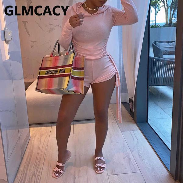 women long sleeve hooded shirt and shorts set two piece chic suits 210702, White