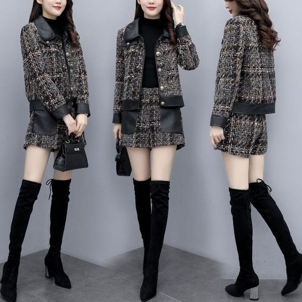 women's tracksuits women winter western style woolen spliced jacket plaid + casual fashion shorts two-piece female suits/sets, Gray
women's tracksuits women winter western style woolen spliced jacket plaid + casual fashion shorts two-piece female suits/sets, Gray