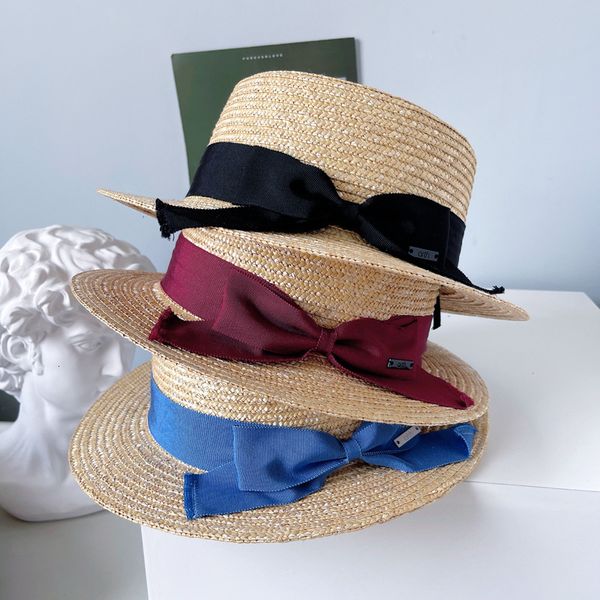 big hat japanese family wheat straw flat women's summer sun proof simple bow brim versatile basin, Blue;gray
big hat japanese family wheat straw flat women's summer sun proof simple bow brim versatile basin, Blue;gray