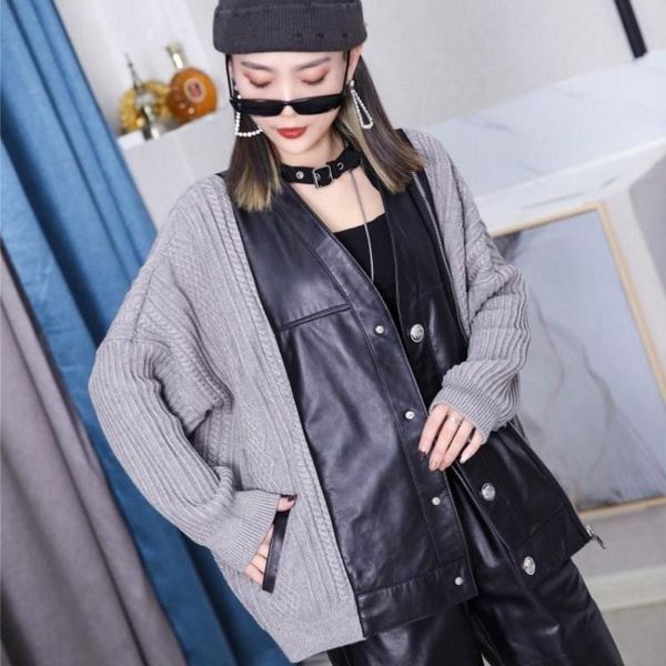 women's leather & faux designer women loose fit sweater spliced sheepskin genuine jacket streetwear batwing sleeve v neck casual jacket, Black
women's leather & faux designer women loose fit sweater spliced sheepskin genuine jacket streetwear batwing sleeve v neck casual jacket, Black