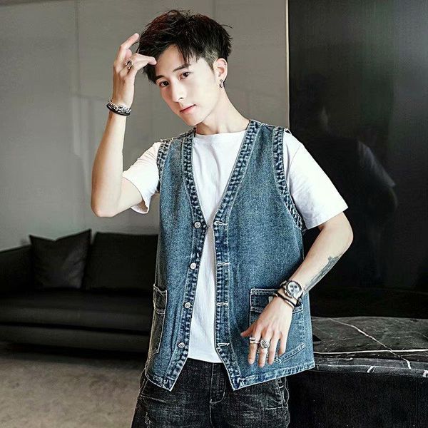 men's vests selling spring autumn denim vintage fashion casual washed jean jacket vest slim collarless waistcoat man, Black;white 
men's vests selling spring autumn denim vintage fashion casual washed jean jacket vest slim collarless waistcoat man, Black;white