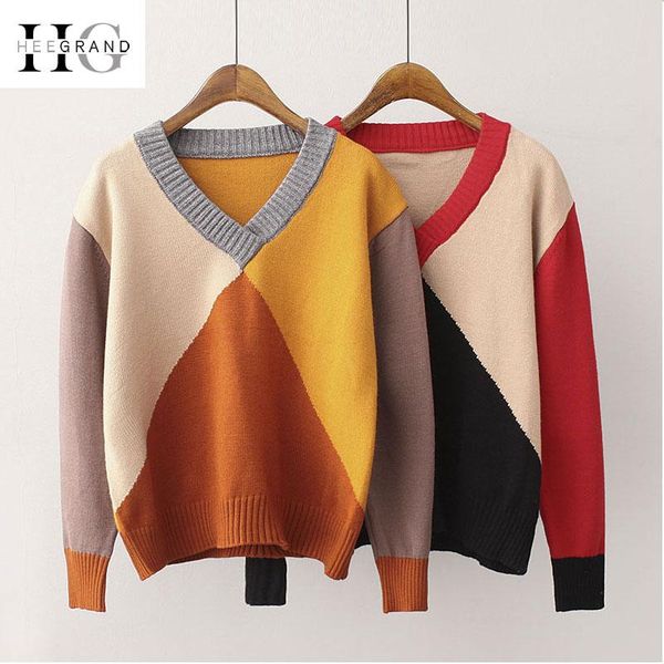 women's sweaters hee grand geometric patchwork v-neck pullovers loose lazy wind 2021 autumn women long sleeve outwears wzm1482, White;black
women's sweaters hee grand geometric patchwork v-neck pullovers loose lazy wind 2021 autumn women long sleeve outwears wzm1482, White;black