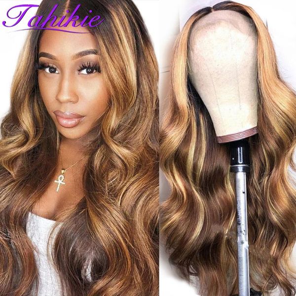 lace wigs body wave front wig 4/27 colored human hair highlight 4x4 closure transparent remy, Black;brown