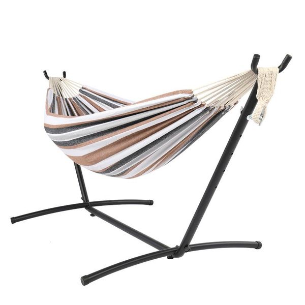 camp furniture polyester cotton hammock black steel pipe natural rope portable soft bed with frame coffee strip
camp furniture polyester cotton hammock black steel pipe natural rope portable soft bed with frame coffee strip