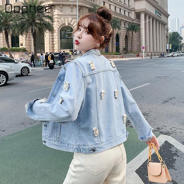 women's jackets 2021 spring korean style loose slimming bear jacket denim female women, Black;brown
women's jackets 2021 spring korean style loose slimming bear jacket denim female women, Black;brown