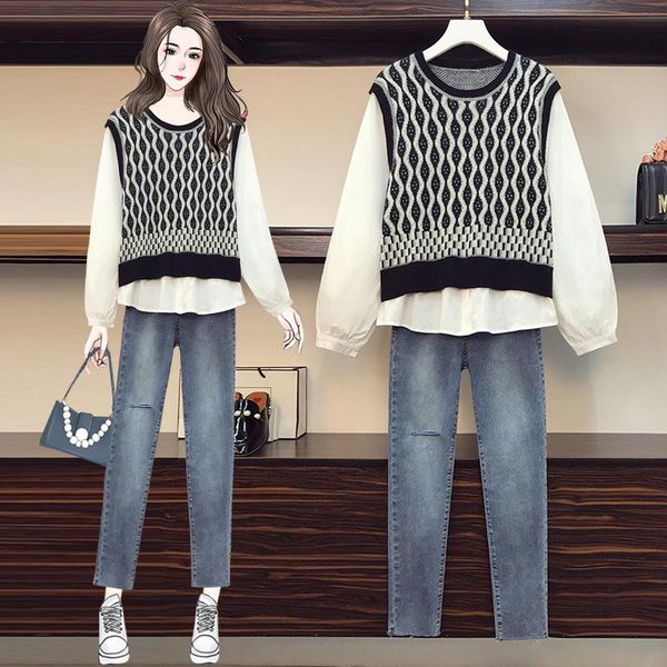 women's two piece pants fat girl long sleeve round neck stitching knitted sweater high waist ripped jeans two-piece suit oversized clot, White
women's two piece pants fat girl long sleeve round neck stitching knitted sweater high waist ripped jeans two-piece suit oversized clot, White