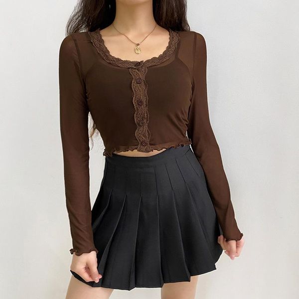 women's t-shirt spring fashon perspective gauze lace navel o neck long-sleeved button shirt crop top, White
women's t-shirt spring fashon perspective gauze lace navel o neck long-sleeved button shirt crop top, White