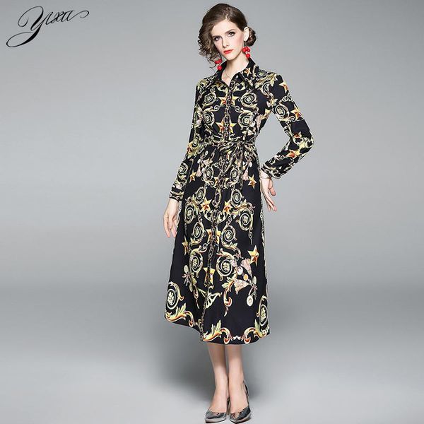 casual dresses vintage printed woman spring dress sash waisted ladies shirt turn-down collar female single breasted straight, Black;gray 
casual dresses vintage printed woman spring dress sash waisted ladies shirt turn-down collar female single breasted straight, Black;gray