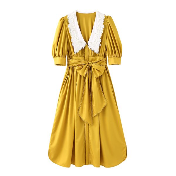 women yellow lace peter pan collar patchwork dress puff short sleeve sash knee length vintage summer d2557 210514, Black;gray
women yellow lace peter pan collar patchwork dress puff short sleeve sash knee length vintage summer d2557 210514, Black;gray
