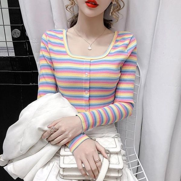 women's t-shirt square collar clavicle rainbow striped long-sleeved spring summer slim all-match tshirt top, White
women's t-shirt square collar clavicle rainbow striped long-sleeved spring summer slim all-match tshirt top, White