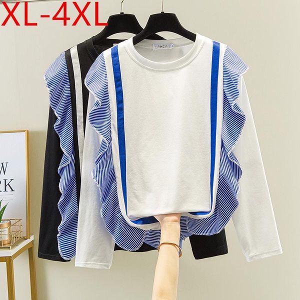 plus size t-shirt autumn women o neck long sleeve stripe ruffles patchwork cotton large loose casual tees xl 2xl 3xl 4xl, Black
plus size t-shirt autumn women o neck long sleeve stripe ruffles patchwork cotton large loose casual tees xl 2xl 3xl 4xl, Black