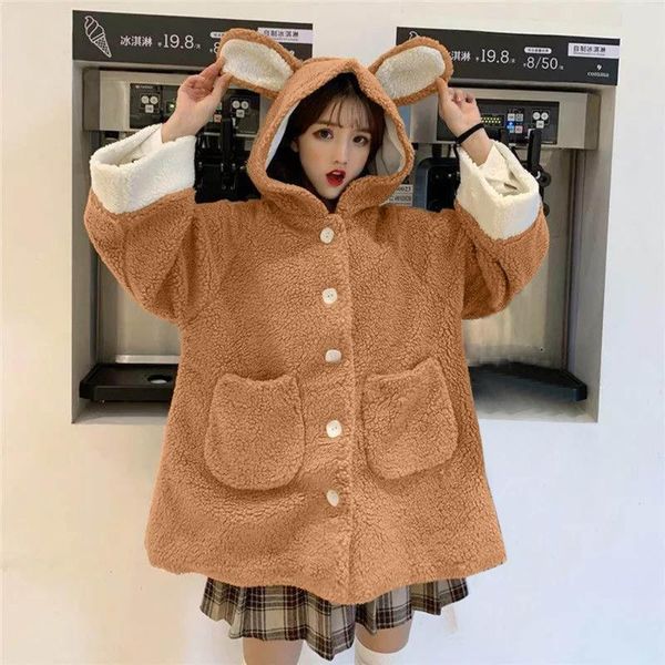 women's wool & blends imitation cashmere hooded brown overcoat cute fawn ears single-breasted pocket loose ladies sweet coat 21907, Black
women's wool & blends imitation cashmere hooded brown overcoat cute fawn ears single-breasted pocket loose ladies sweet coat 21907, Black