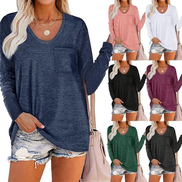 women's t-shirt 2021autumn winter tshirt solid color pocket round neck long sleeve for women, White
women's t-shirt 2021autumn winter tshirt solid color pocket round neck long sleeve for women, White