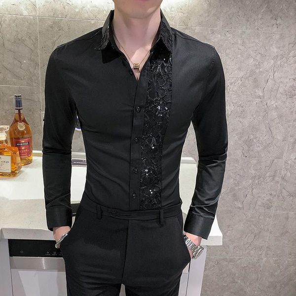 men's casual shirts lace patchwork shirt long sleeve slim fit streetwear nightclub singer social party blouse chemise, White;black
men's casual shirts lace patchwork shirt long sleeve slim fit streetwear nightclub singer social party blouse chemise, White;black